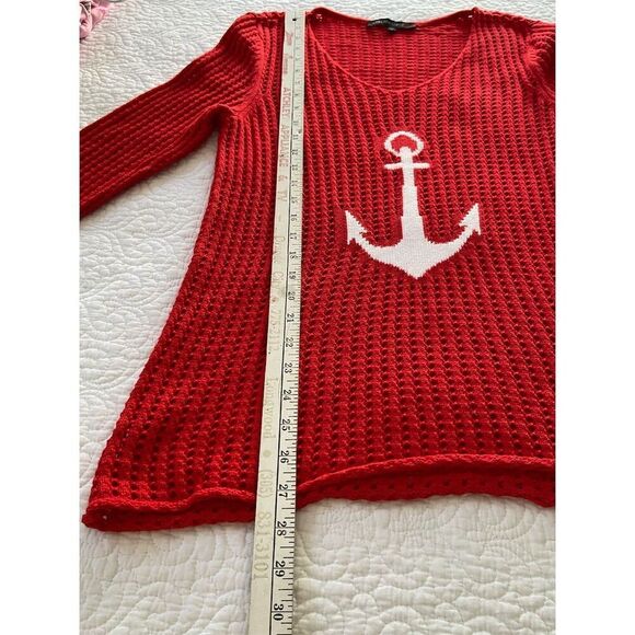 Colleen Lopez M Red Crochet Anchor Pullover Sweater V-Neck Casual - Picture 11 of 11